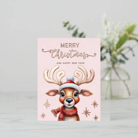 ピンクウォーターカラークリスマストナカイバラ金ゴールド 箔シーズンポストカード (立ち正面)