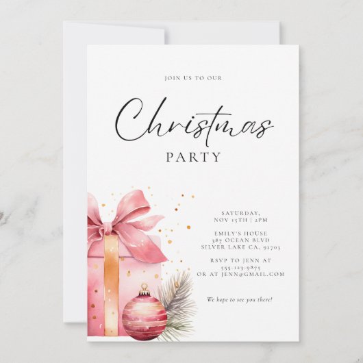 ピンクウォーターカラークリスマスパーティー 招待状 (正面)