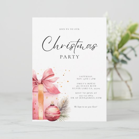 ピンクウォーターカラークリスマスパーティー 招待状 (スタンド正面)