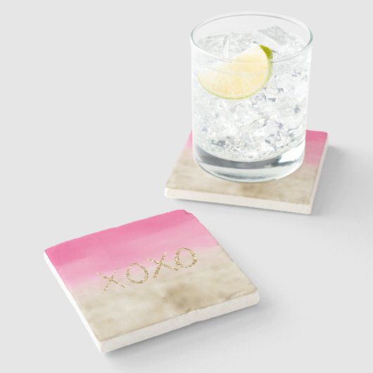 ピンクウォーターカラーグラム金ゴールド絞り染めXOXOグリッター ストーンコースター (横)