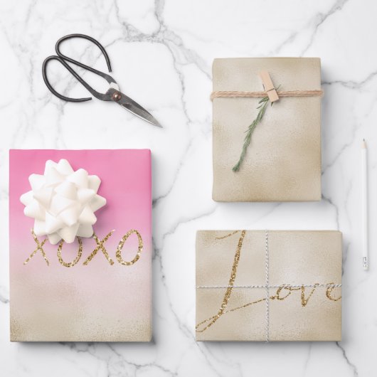 ピンクウォーターカラーグラム金ゴールド絞り染めXOXOグリッター ラッピングペーパーシート (正面)