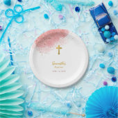 ピンクウォーターカラーグリッター金ゴールドクロスバプティスガール ペーパープレート (パーティー)