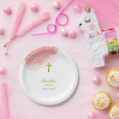 ピンクウォーターカラーグリッター金ゴールドクロスバプティスガール ペーパープレート (パーティー)