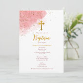 ピンクウォーターカラーグリッター金ゴールドクロスバプティスガール 招待状 (スタンド正面)