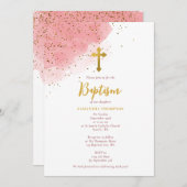 ピンクウォーターカラーグリッター金ゴールドクロスバプティスガール 招待状 (正面/裏面)