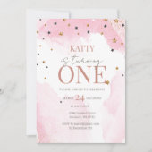 ピンクウォーターカラーグリッター1st誕生日招待状 招待状 (正面)