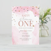 ピンクウォーターカラーグリッター1st誕生日招待状 招待状 (スタンド正面)