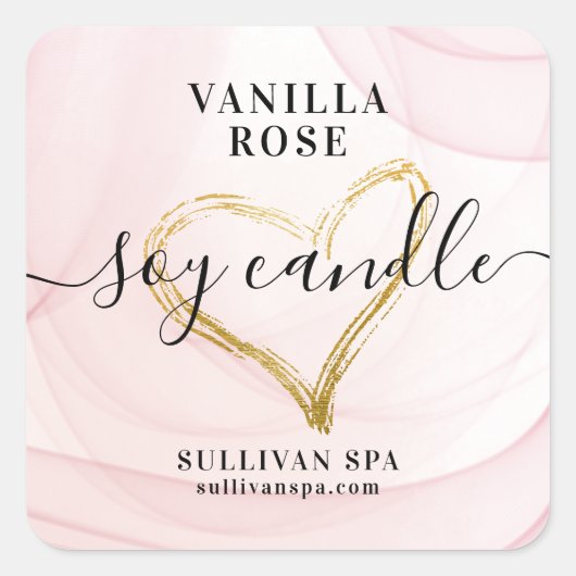 ピンクウォーターカラーゴールド箔ハート大豆キャンドルラベル スクエアシール (正面)