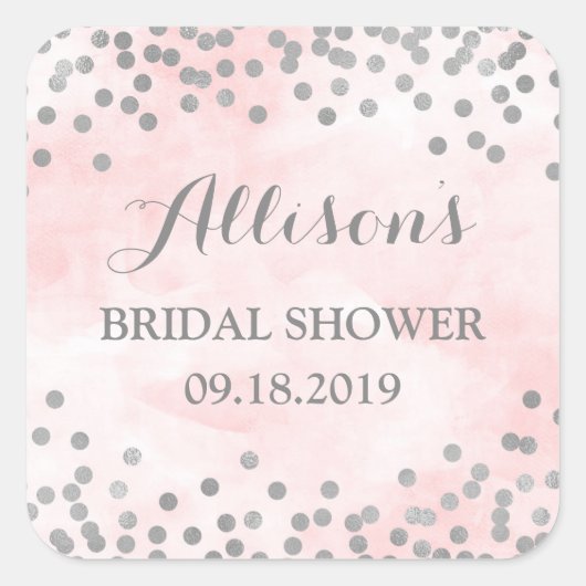 ピンクウォーターカラーシルバー紙吹雪ブライダルシャワー スクエアシール (正面)