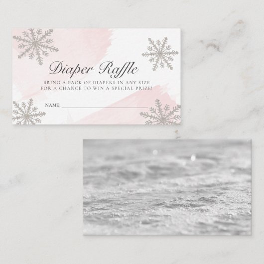 ピンクウォーターカラースノーフレークおむつラッフルチケット エンクロージャーカード (正面/裏面)
