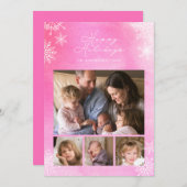 ピンクウォーターカラースノーフレークハッピーホリデーズフォト シーズンカード (正面/裏面)