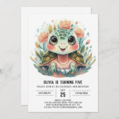 ピンクウォーターカラータートルガール誕生日 招待状 (正面/裏面)