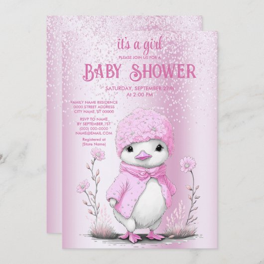 ピンクウォーターカラーダックベビーシャワー招待状 招待状 (正面/裏面)