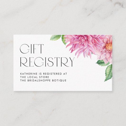ピンクウォーターカラーダリアフローラベビーシャワーレジストリ エンクロージャーカード (正面)