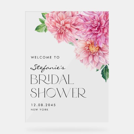 ピンクウォーターカラーダリアブライダルシャワーへようこそ アクリルサイン (正面)