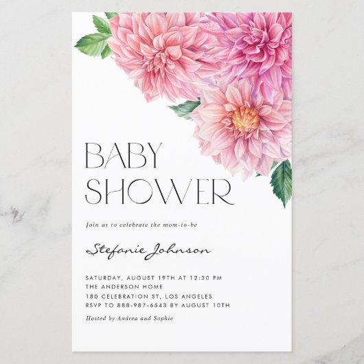 ピンクウォーターカラーダリアベビーシャワー招待状 (正面)
