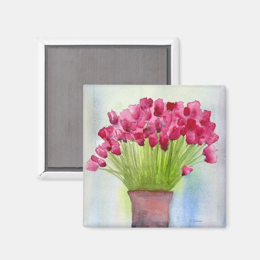 ピンクウォーターカラーチューリップフローラ マグネット (正面/裏面)