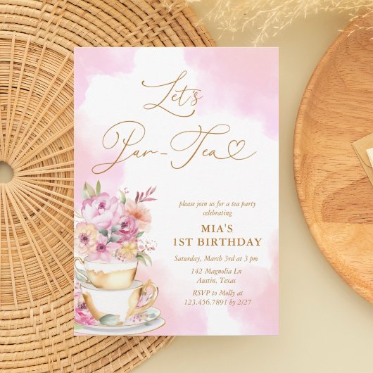 ピンクウォーターカラーティーパーティー1st誕生日招待状 招待状