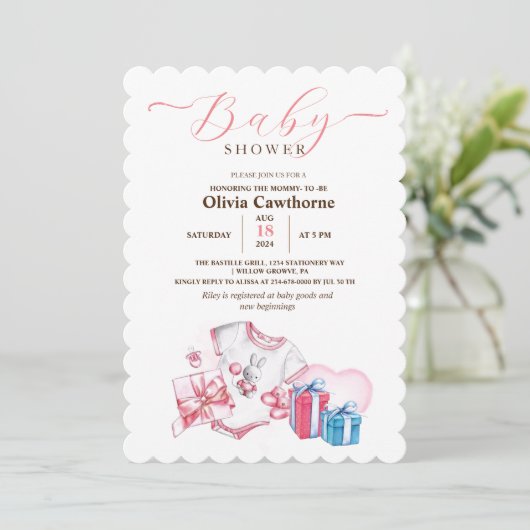 ピンクウォーターカラートイベビーガールシャワー招待状 招待状 (スタンド正面)