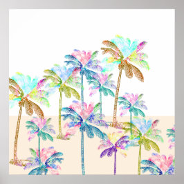 ピンクウォーターカラートロピカルハワイアンパームツリーズ ポスター