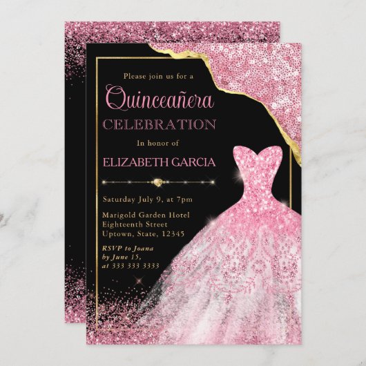 ピンクウォーターカラードレスとグラムエッジキンセアニェラ 招待状 (正面/裏面)