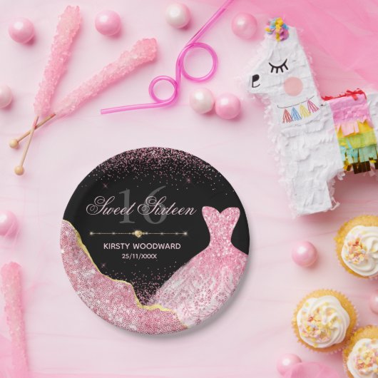 ピンクウォーターカラードレスグラムエッジスイート16誕生日 ペーパープレート (パーティー)