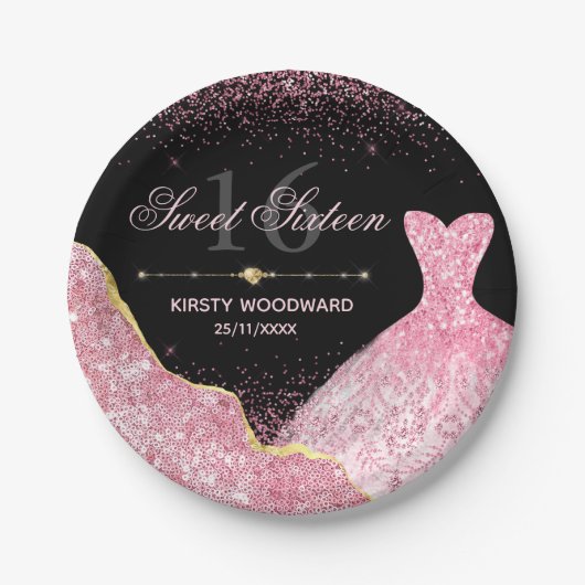 ピンクウォーターカラードレスグラムエッジスイート16誕生日 ペーパープレート (正面)