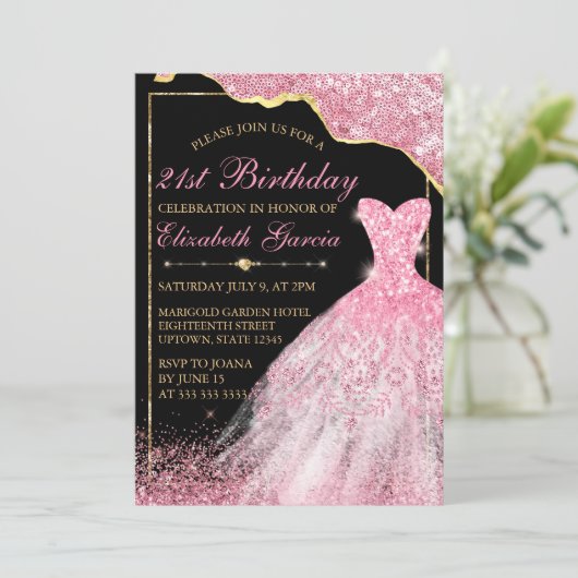 ピンクウォーターカラードレス&グラムエッジ21歳の誕生日 招待状 (スタンド正面)
