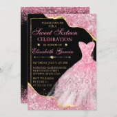 ピンクウォーターカラードレス&グリッターグラムエッジスウィート16 招待状 (正面/裏面)