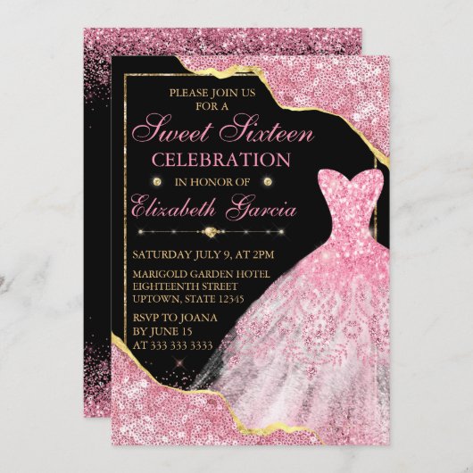 ピンクウォーターカラードレス&グリッターグラムエッジスウィート16 招待状 (正面/裏面)