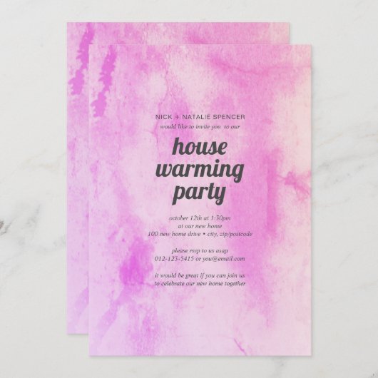 ピンクウォーターカラーハウスウォーミングパーティの招待状 招待状 (正面/裏面)