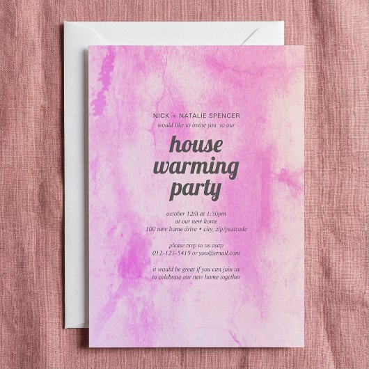 ピンクウォーターカラーハウスウォーミングパーティの招待状 招待状