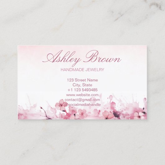 ピンクウォーターカラーハンドメイドジュエリーフラワーパステル 名刺 (裏面)