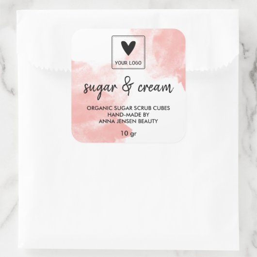 ピンクウォーターカラーハンドメイド美しいあなたのロゴ スクエアシール (バッグ)