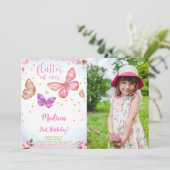 ピンクウォーターカラーバタフライフォト招待状 招待状 (スタンド正面)