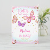 ピンクウォーターカラーバタフライ誕生日招待状 招待状 (スタンド正面)