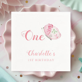 ピンクウォーターカラーバタフライ1st誕生日パーティー スタンダードカクテルナプキン