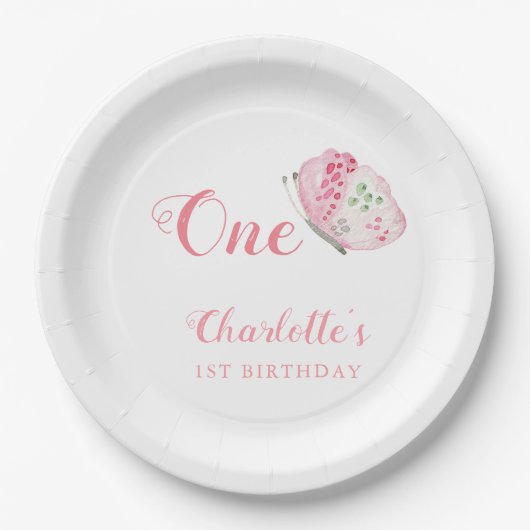 ピンクウォーターカラーバタフライ1st誕生日パーティー ペーパープレート (正面)