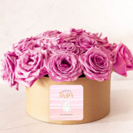 ピンクウォーターカラーバニーハッピーイースターギフトステッカー スクエアシール