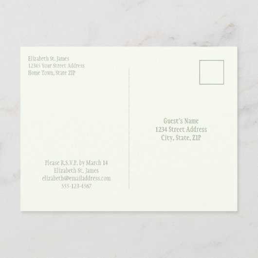 ピンクウォーターカラーバラセージグリーンブライダルシャワー インビテーションポストカード (裏面)