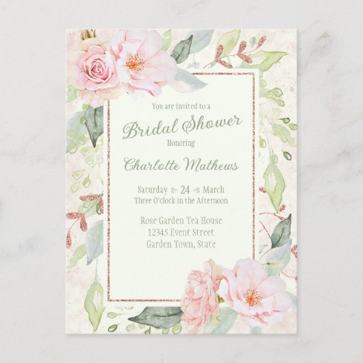 ピンクウォーターカラーバラセージグリーンブライダルシャワー インビテーションポストカード (正面)