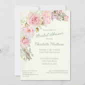 ピンクウォーターカラーバラセージグリーンブライダルシャワー 招待状 (正面)