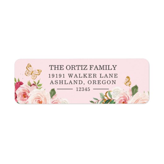 ピンクウォーターカラーバラバタフライ差出人住所 ラベル (正面)
