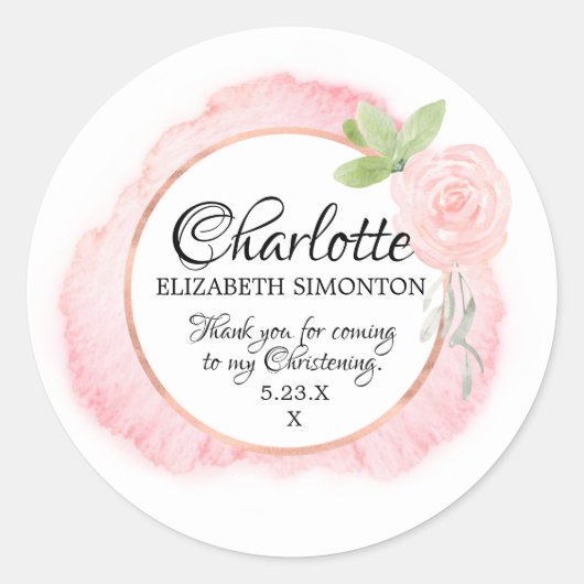 ピンクウォーターカラーバラパーソナライズされた《キリスト教》洗礼式や命名式 ラウンドシール (正面)