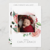 ピンクウォーターカラーバラフォトコラージュベビーガール誕生 案内状 (正面/裏面)