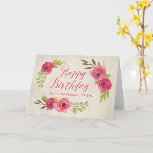 ピンクウォーターカラーバラフレンド誕生日カード カード (黄色い花)