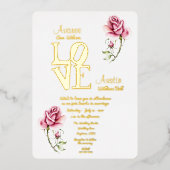 ピンクウォーターカラーバラ及びゴールドフォイル招待状 箔招待状 (正面)