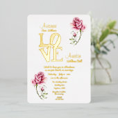 ピンクウォーターカラーバラ及びゴールドフォイル招待状 箔招待状 (立ち正面)