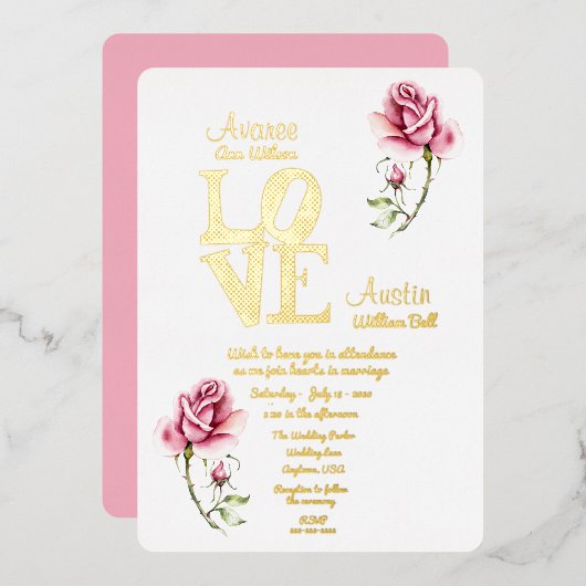 ピンクウォーターカラーバラ及びゴールドフォイル招待状 箔招待状 (正面/裏面)