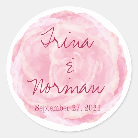 ピンクウォーターカラーバラ結婚式用シール ラウンドシール (正面)